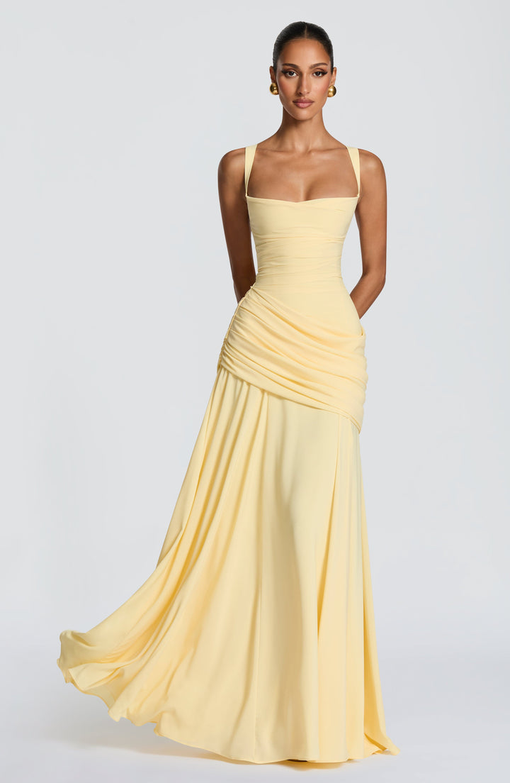 Destiny maxi-jurk van chiffon met waterval-hals en rugveter