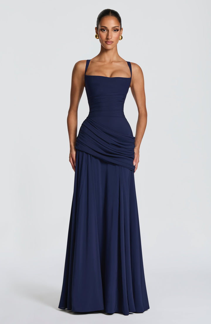 Destiny maxi-jurk van chiffon met waterval-hals en rugveter
