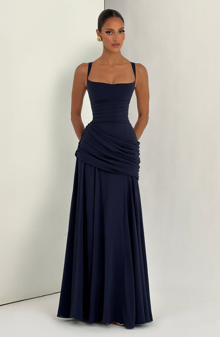 Destiny maxi-jurk van chiffon met waterval-hals en rugveter