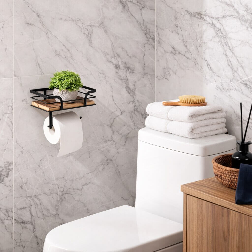 Wandmontage toiletpapierhouder met plank voor telefoon en tissues
