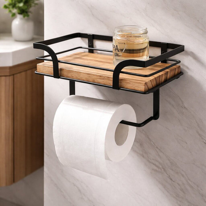 Wandmontage toiletpapierhouder met plank voor telefoon en tissues