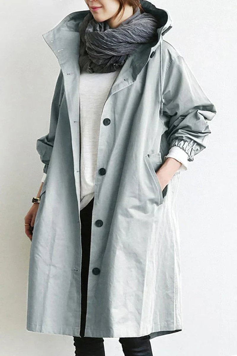 Lange damestrenchcoat met capuchon, waterdicht, oversized pasvorm