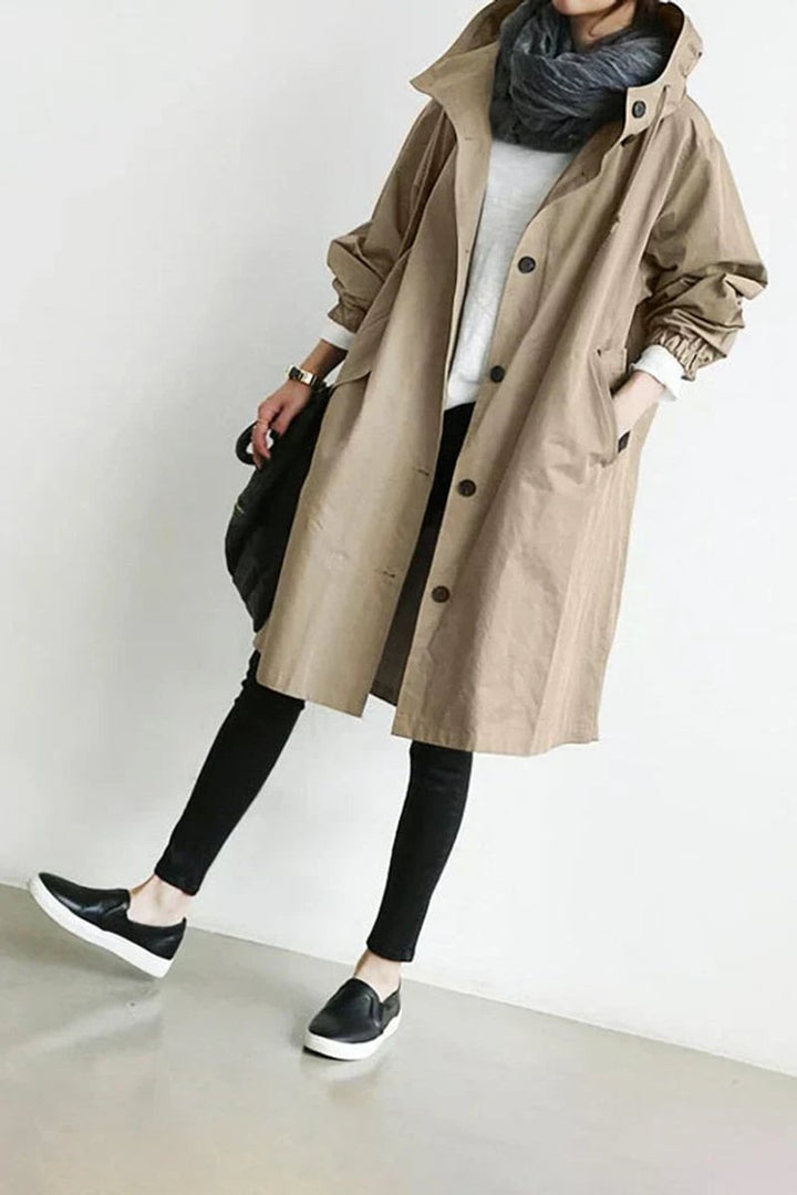 Lange damestrenchcoat met capuchon, waterdicht, oversized pasvorm