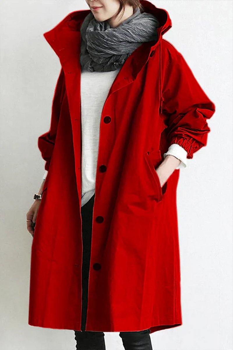 Lange damestrenchcoat met capuchon, waterdicht, oversized pasvorm
