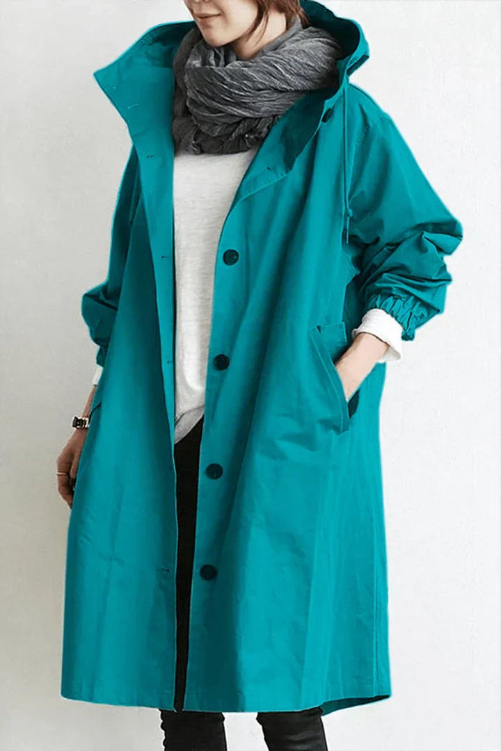 Lange damestrenchcoat met capuchon, waterdicht, oversized pasvorm