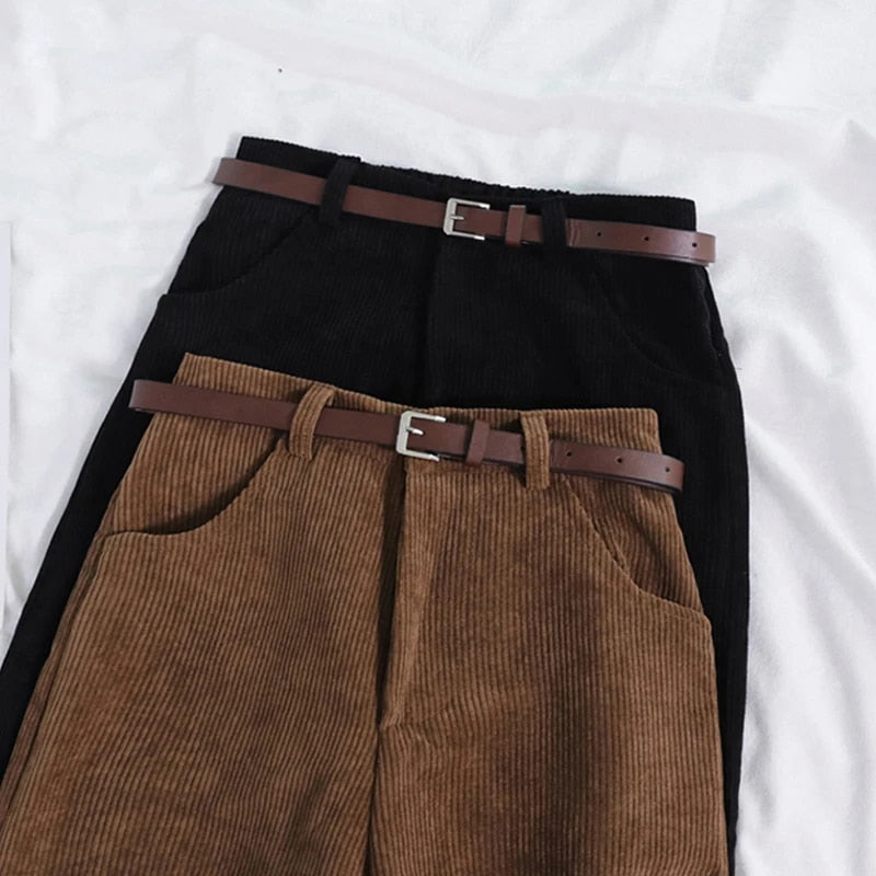 Corduroy Broek voor Dames met Hoge Taille en Relaxte Pasvorm
